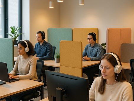 empleados trabajando en oficina con paneles anti-ruido