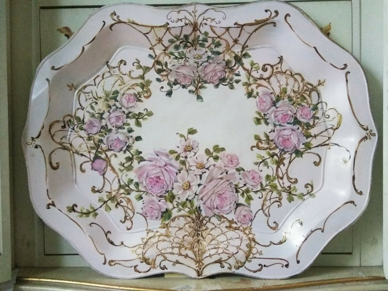 Original Rose Painting Shabby Chic Pink French Gilt Vintage Toleware Tray