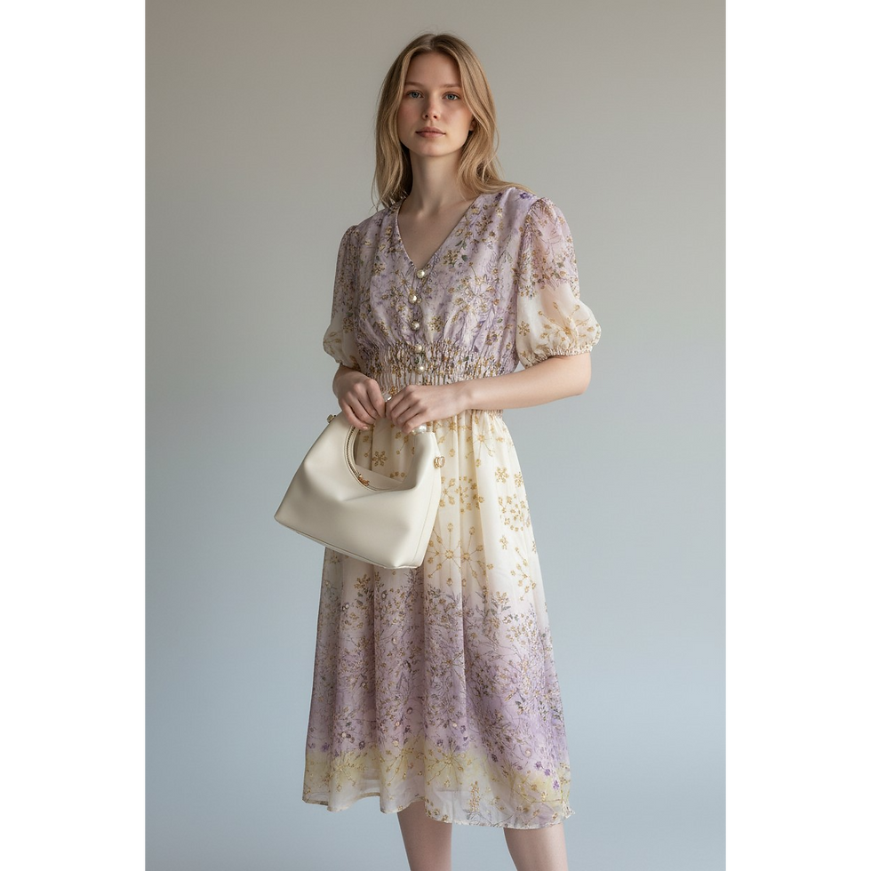 Thumbnail: Woman wearing the floral Garden Whisper Dress holding a bag.