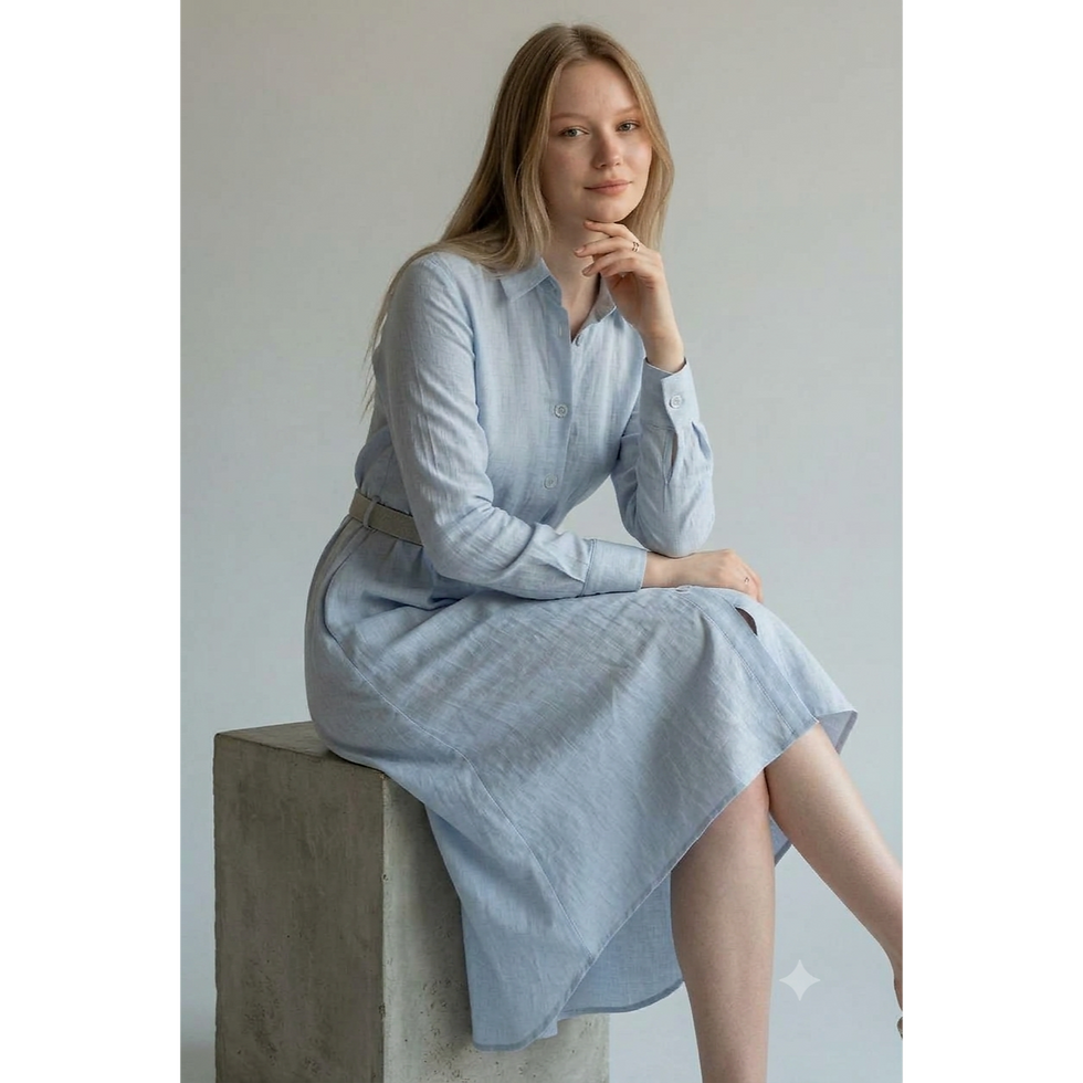 Woman sitting in a pale blue Solstice shirt dress.