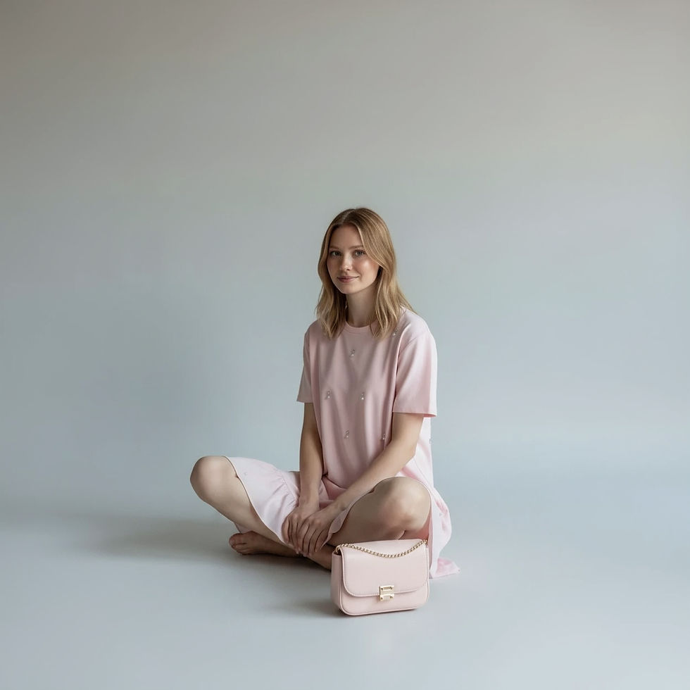 Thumbnail: Woman sitting cross-legged wearing the ÉLAN pink mini dress
