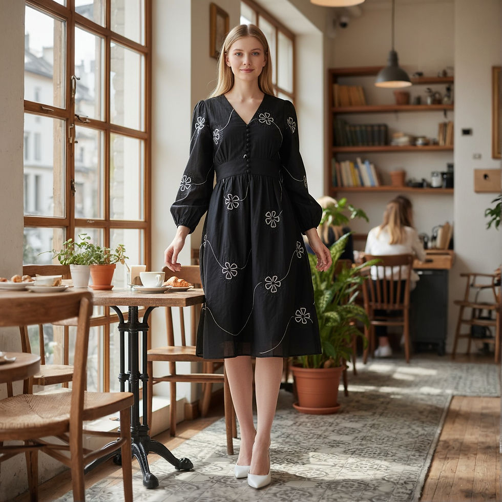 Woman in a black modest luxury dress standing in a cafe.