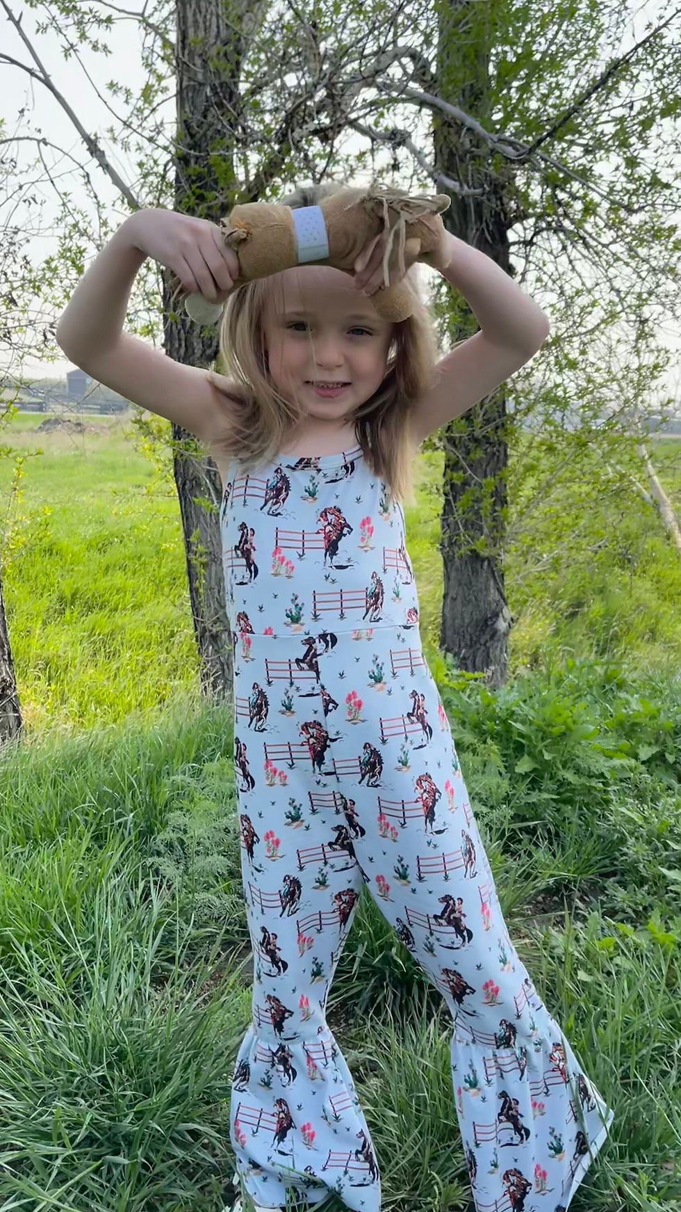 Thumbnail: Girls' Retro Cowgirl Romper: Western Jumpsuit, Pink or Blue