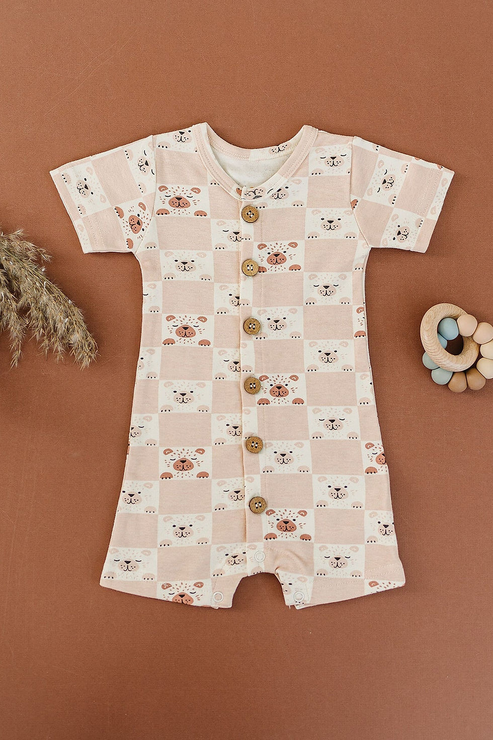 Thumbnail: GOTS Certified Organic Cotton Short Sleeve Romper - Checkered Bear