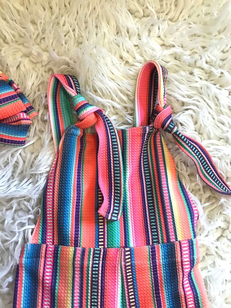Thumbnail: Toddler Girl Blue Jumpsuit: Serape Striped Overalls, Suspender Pants