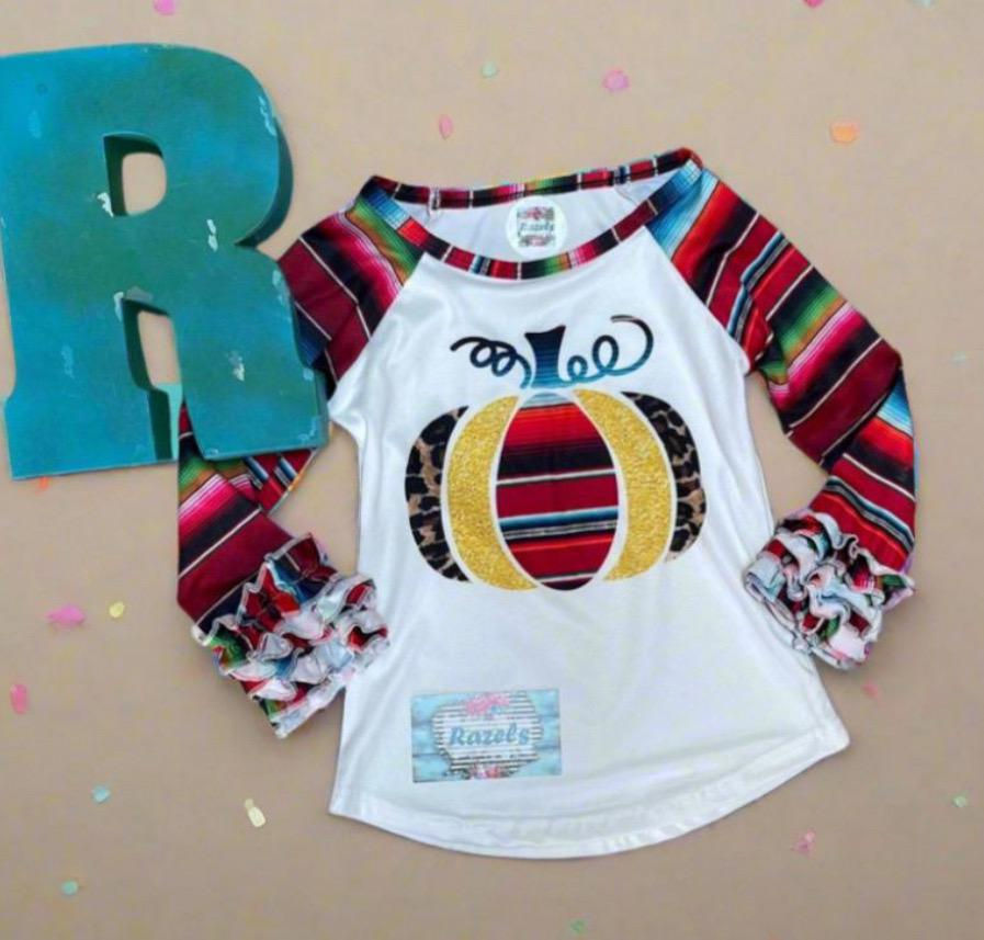 Thumbnail: Girls Fall Pumpkin Shirt, Ruffle Sleeve Shirt