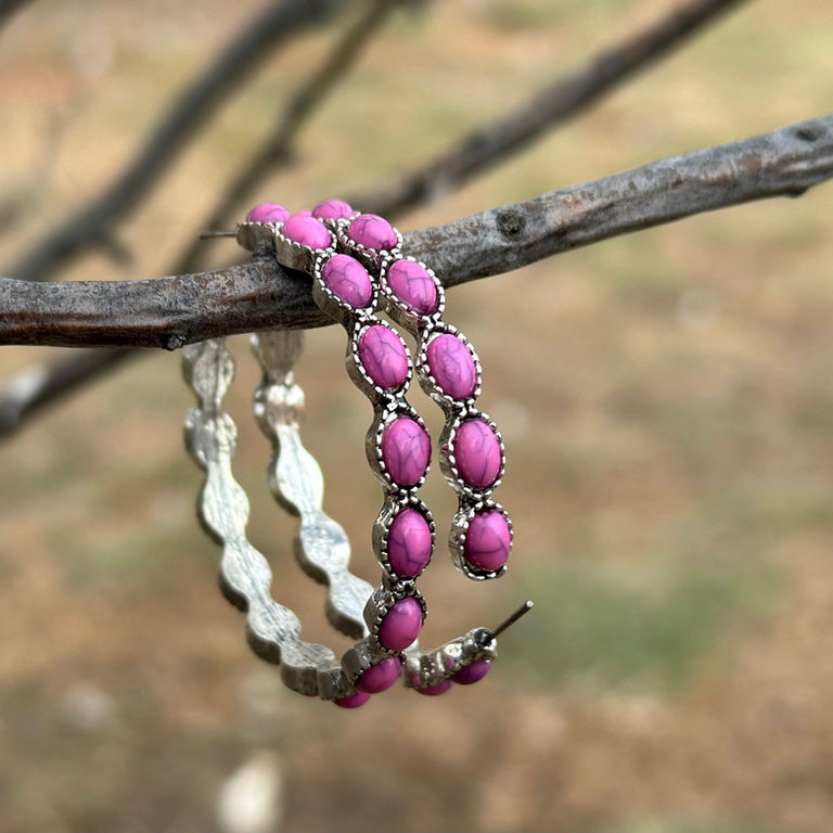 Thumbnail: Pink Stone Hoop Earrings: Burnished Silver Boho Statement Jewelry