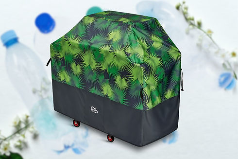 BBQ cover in front of plastic bottles