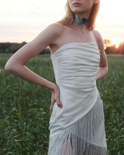 Bridal Silver Shimmer Party Dress with Fringed Skirt | EU 36 — view 3