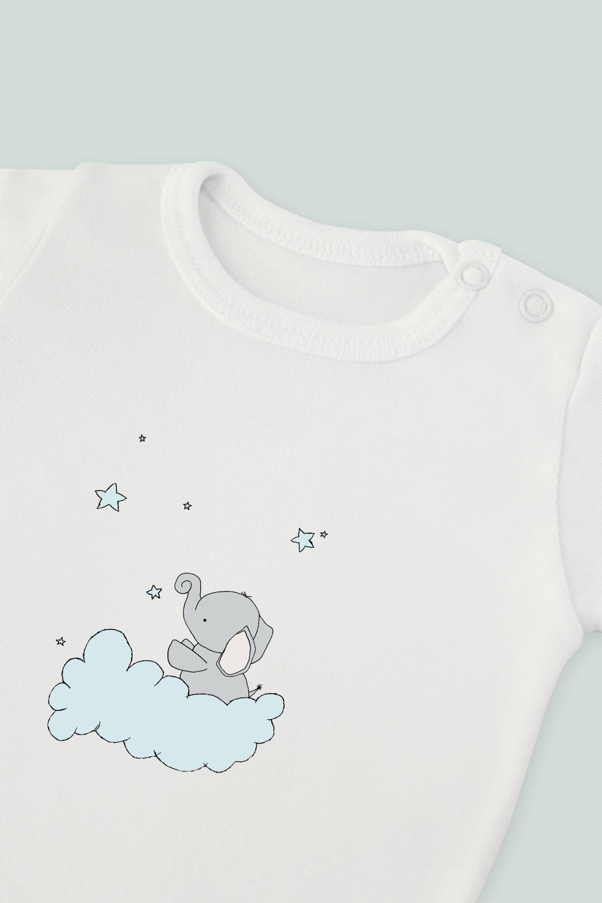 Mavi Bulut Üzerinde Mutlu fil Baskılı Bebek Kolsuz Atlet Body Zıbın Badi