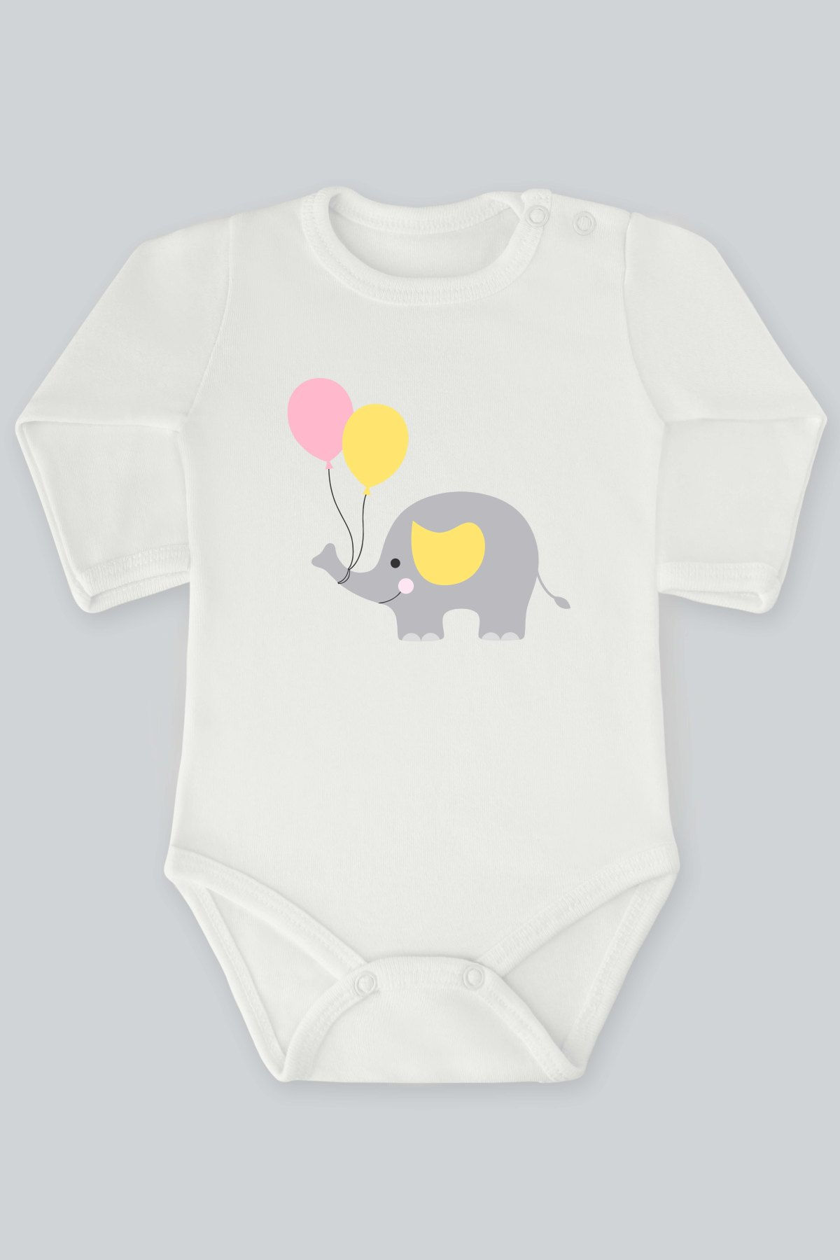 Sevimli Hayvanlar 9 Fil Baskılı Uzun Kollu Bebek Body Zıbın Badi