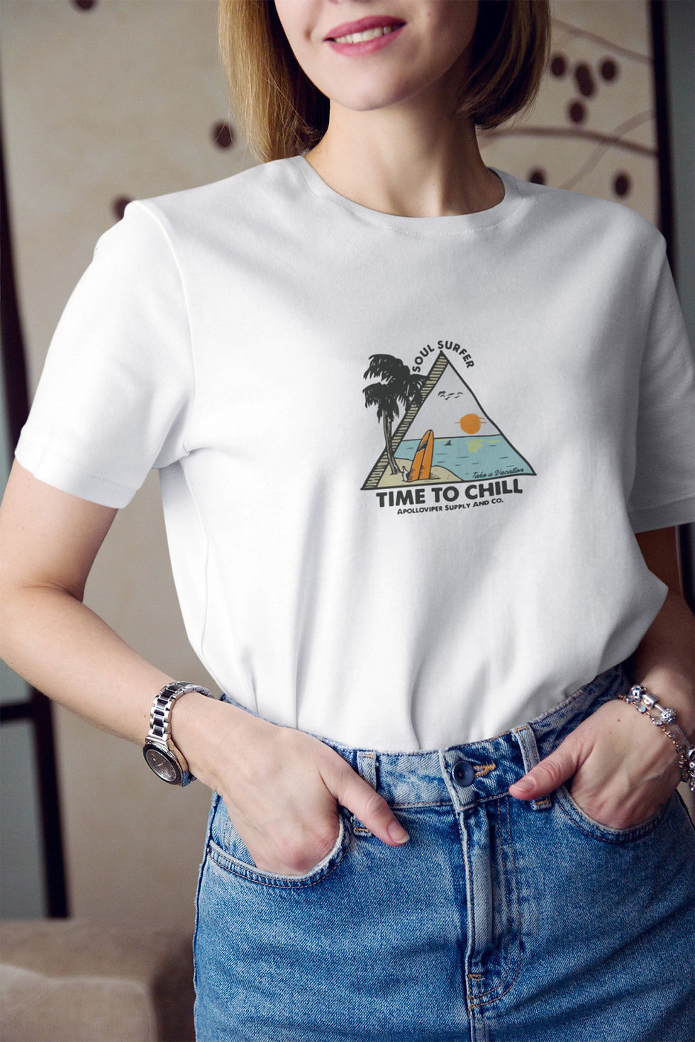 Küçük resim: Time To Chill Retro Beach ve Yazı Baskılı Tişört Kadın %100 Pamuk