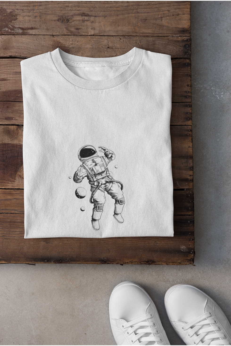 Küçük resim: Siyah Beyaz Kostümlü Astronot Baskılı Tişört Erkek %100 Pamuk