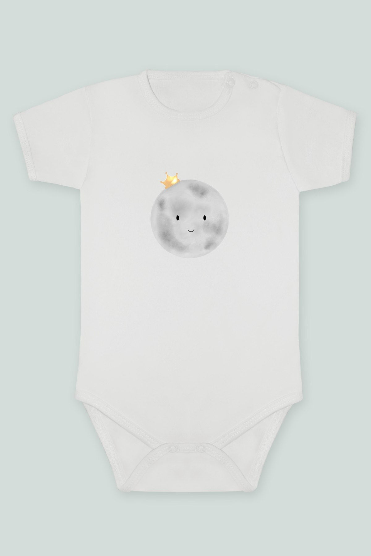 Sevimli Taçlı Gülen Ay Baskılı Kısa kollu Body Zıbın Badi