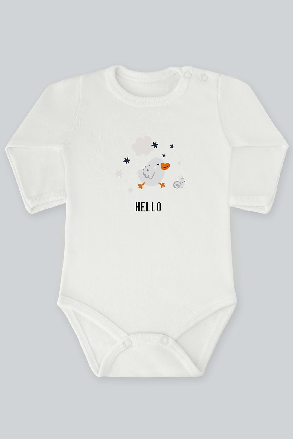 Hello Sevimli Civciv Ve Salyangoz Baskılı Uzun Kollu Bebek Body Zıbın Badi