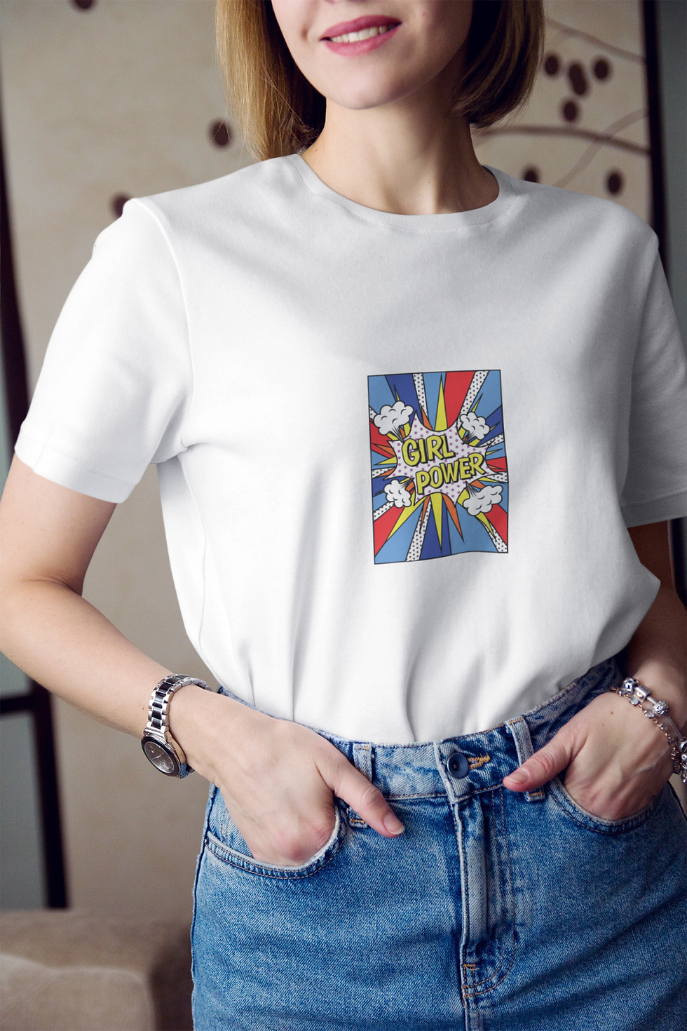 Küçük resim: Girl Power Slogan Pop Art Renkli Baskılı Tişört Kadın %100 Pamuk