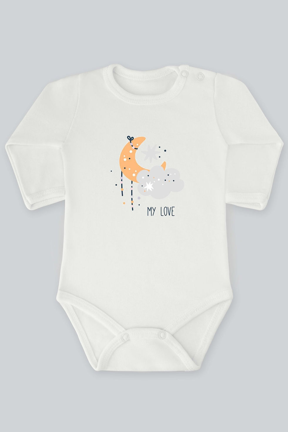 My Love Yazılı Renkli Ay Ve Bulut Baskılı Uzun Kollu Bebek Body Zıbın Badi
