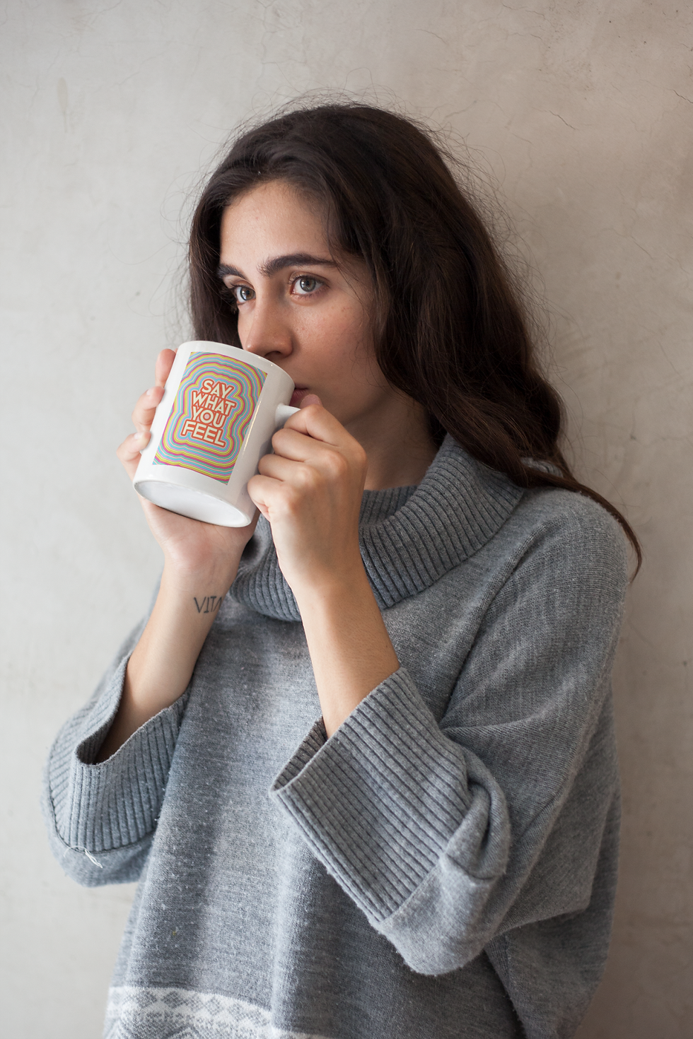 Küçük resim: Say What You Feel  Renkli Slogan Baskılı Kupa Beyaz Porselen Mug