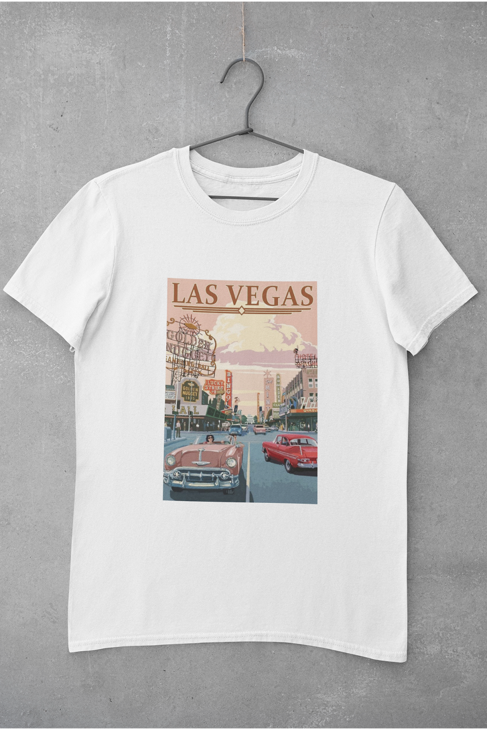 Küçük resim: Las Vegas Main Street Klasik Araç Baskılı Tişört Erkek %100 Pamuk