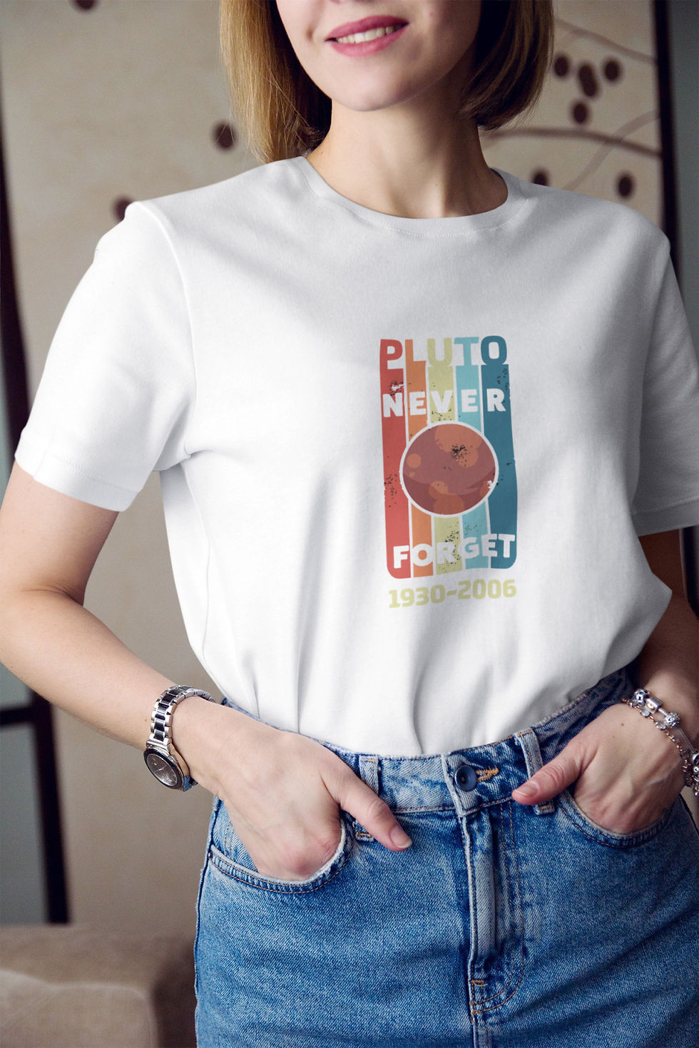 Küçük resim: Plüton Gezegen Don't Forget Yazı Baskılı Tişört Kadın %100 Pamuk