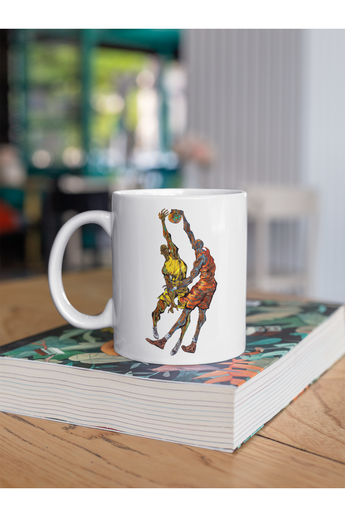 illüstrasyon Basketbol Oynayan Basketbolcu Baskılı Kupa Beyaz Porselen Mug