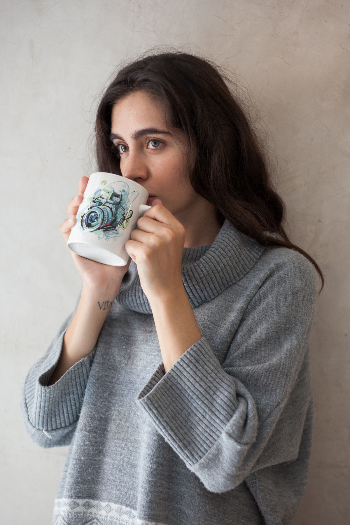 Fotoğraf Makinesi Mavi Renkli Baskılı Kupa Beyaz Porselen Mug