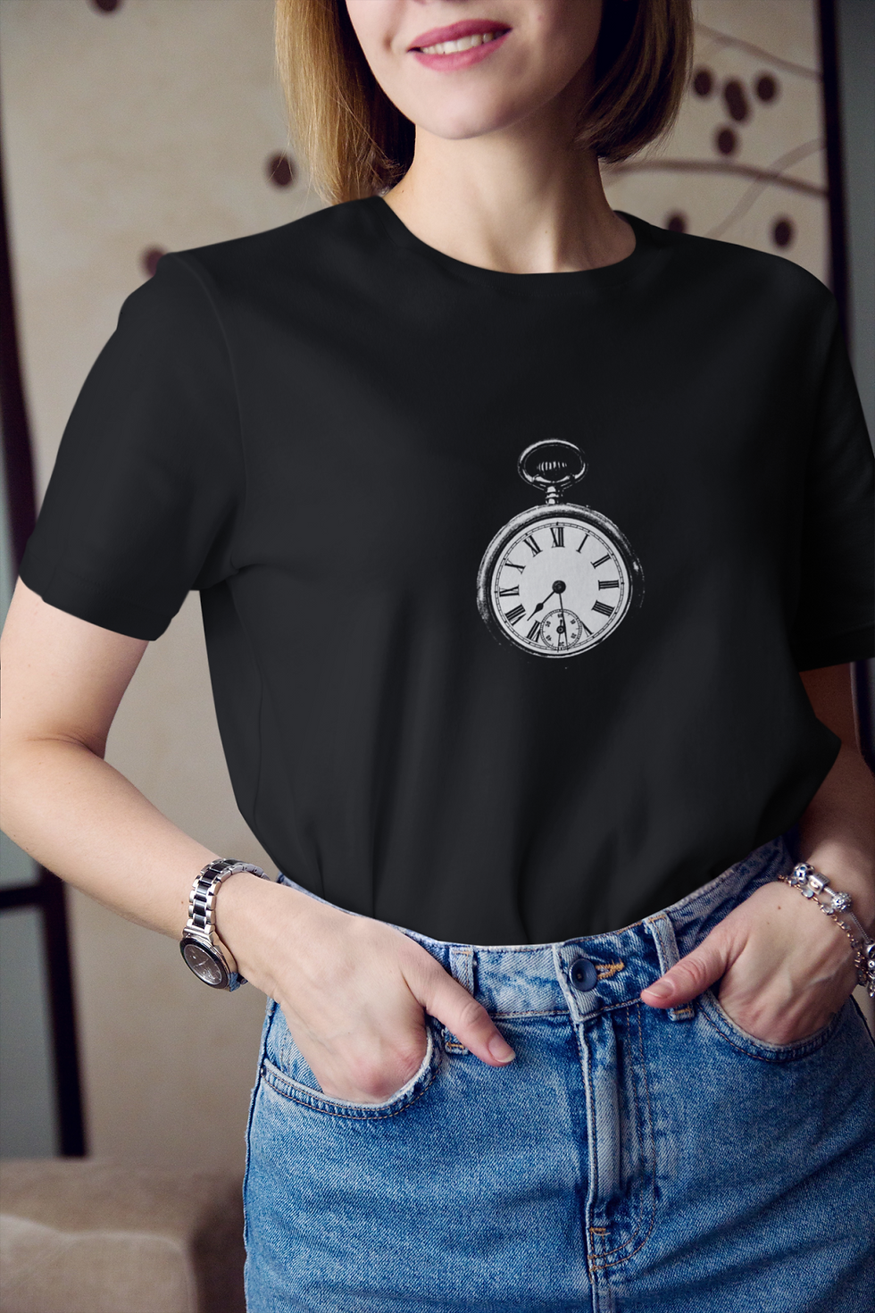 Küçük resim: Eski Retro Saat Baskılı Tişört Kadın %100 Pamuk