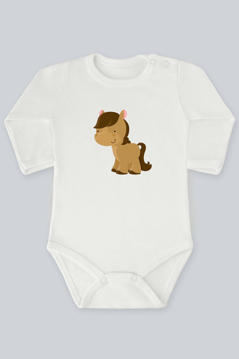 Sevimli Hayvanlar Kahverengi At Baskılı Bebek Çıt çıtlı Zıbın Badi %100 Pamuk