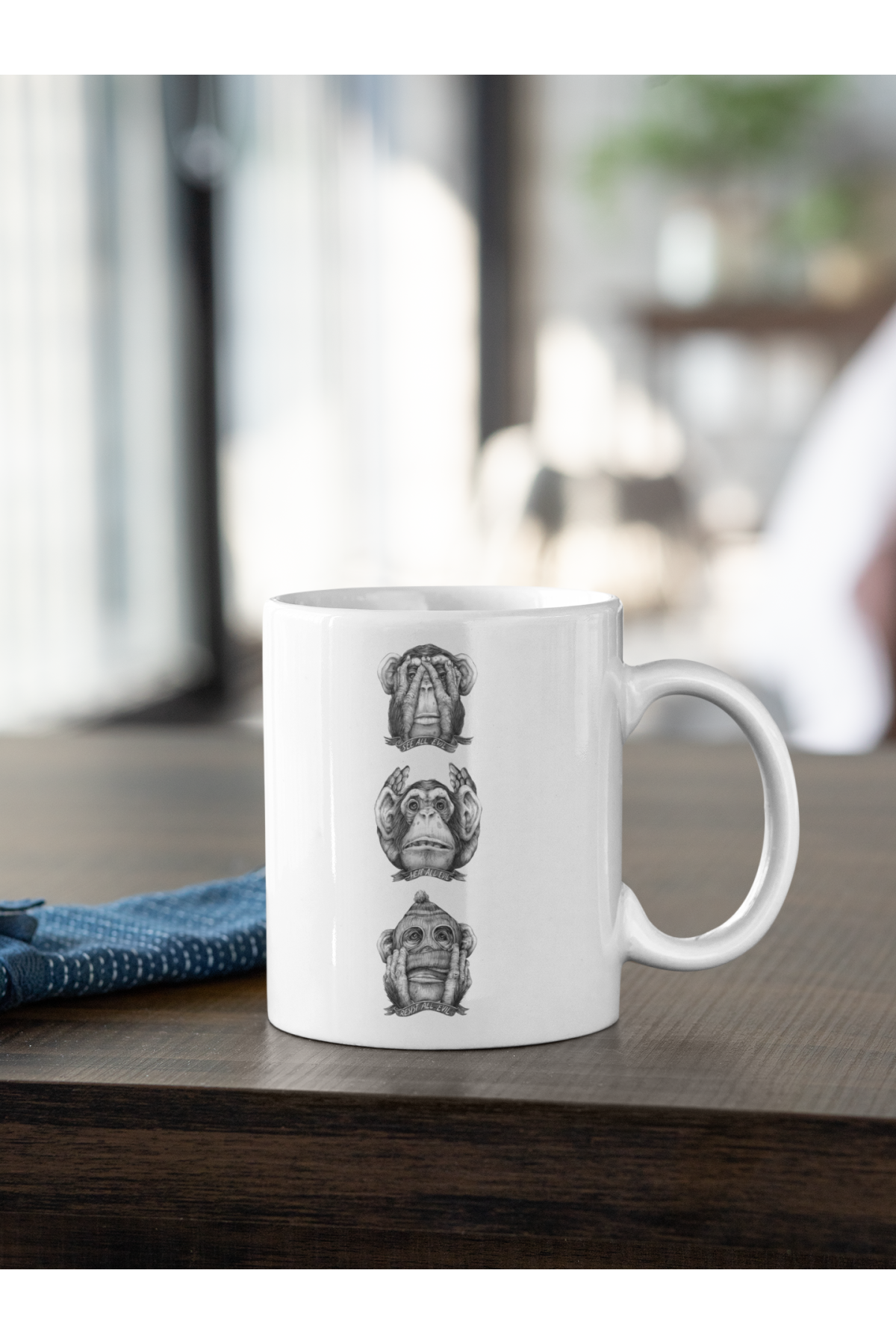 3 Maymun Siyah Beyaz Baskılı Kupa Beyaz Porselen Mug