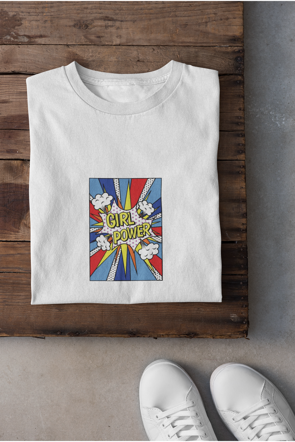 Küçük resim: Girl Power Slogan Pop Art Renkli Baskılı Tişört Kadın %100 Pamuk