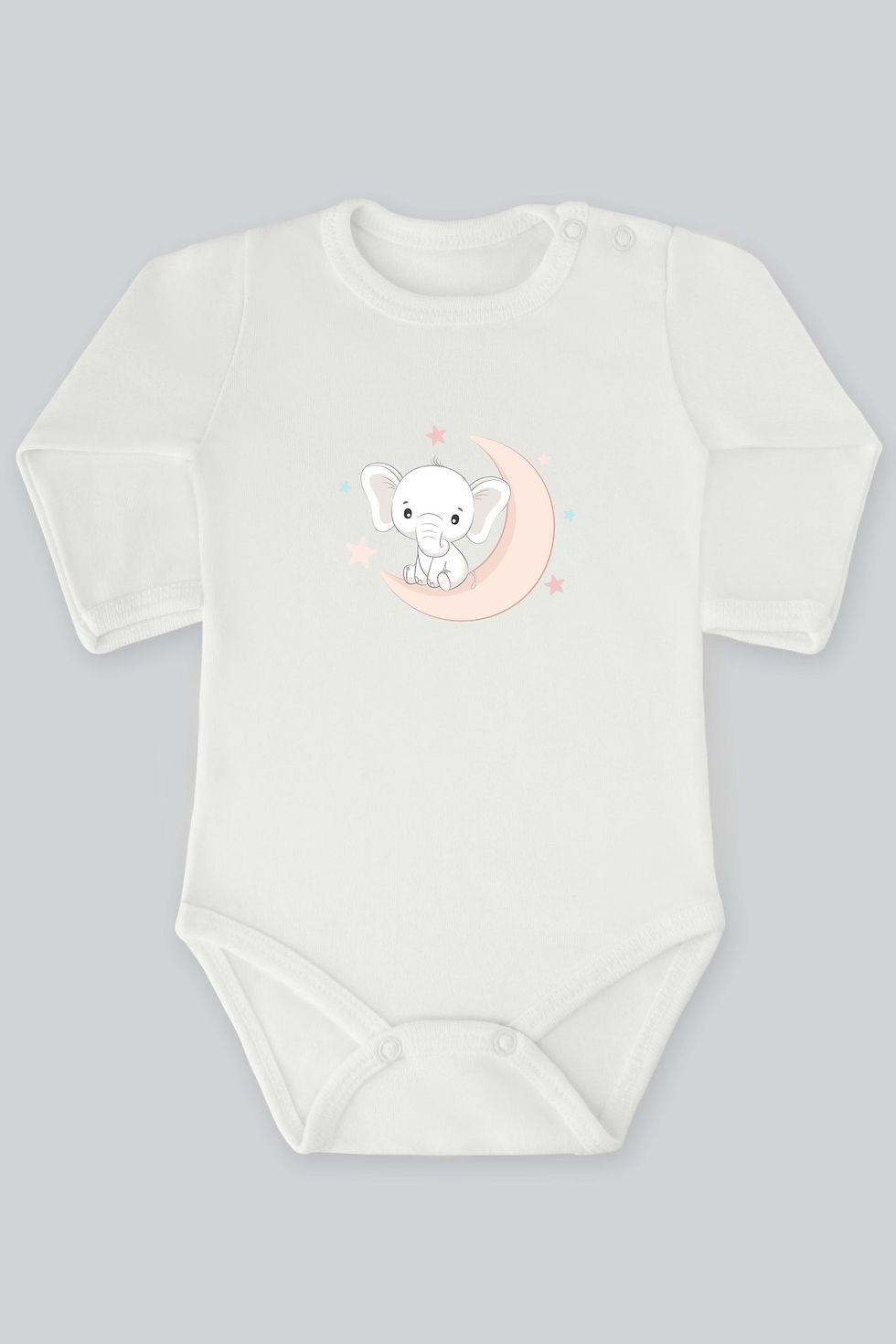 Sevimli Fil Renkli Yıldızlar Ve Ay Baskılı Uzun Kollu Bebek Body Zıbın Badi