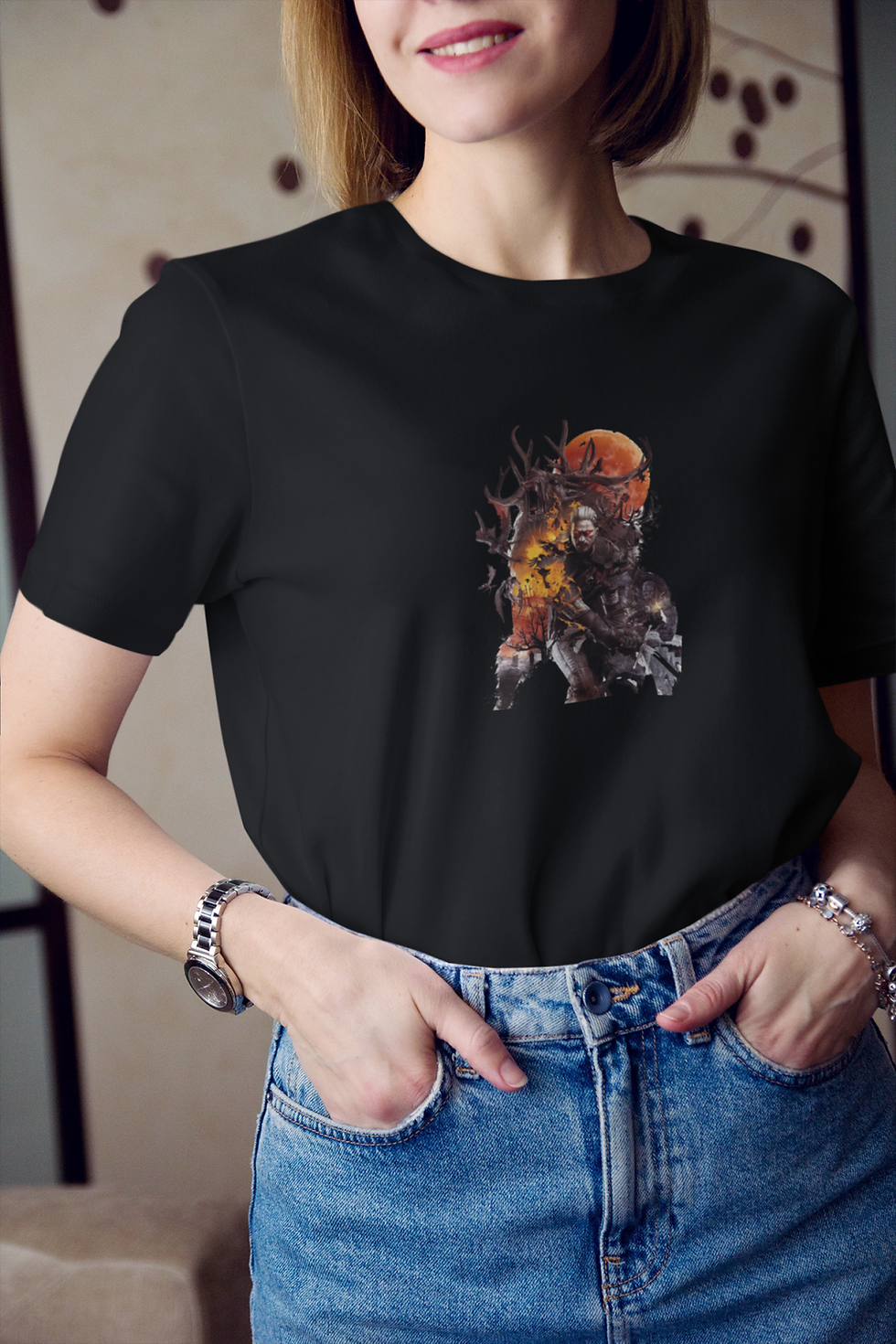 Küçük resim: The Witcher Rivialı Geralt Karakter 2 Baskılı Tişört Kadın %100 Pamuk