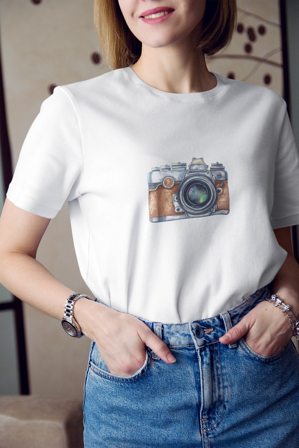 Küçük resim: Eski Retro Analog Fotoğraf Makinesı 2 Baskılı Tişört Kadın %100 Pamuk