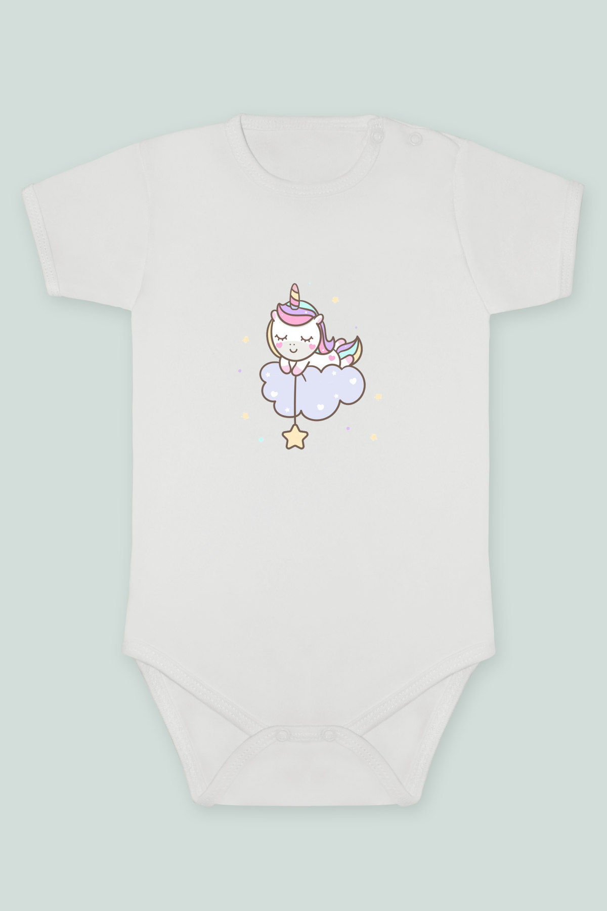 Uykucu Sevimli Unicorn Baskılı Kısa kollu Body Zıbın Badi