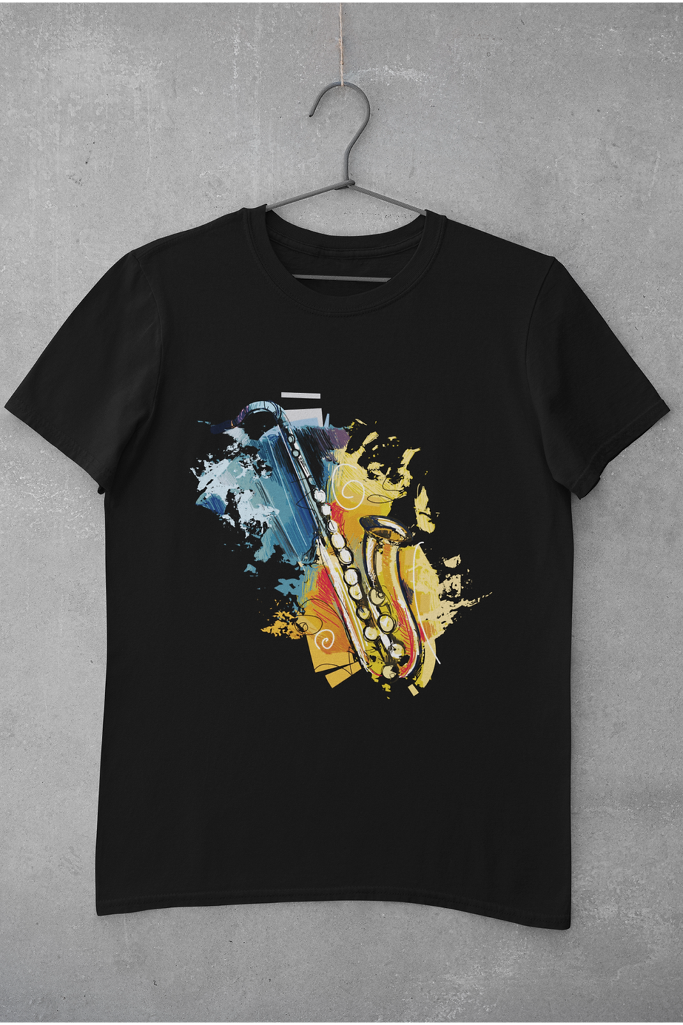 Küçük resim: Saksafon Enstrüman Renkli Baskılı Tişört Erkek %100 Pamuk