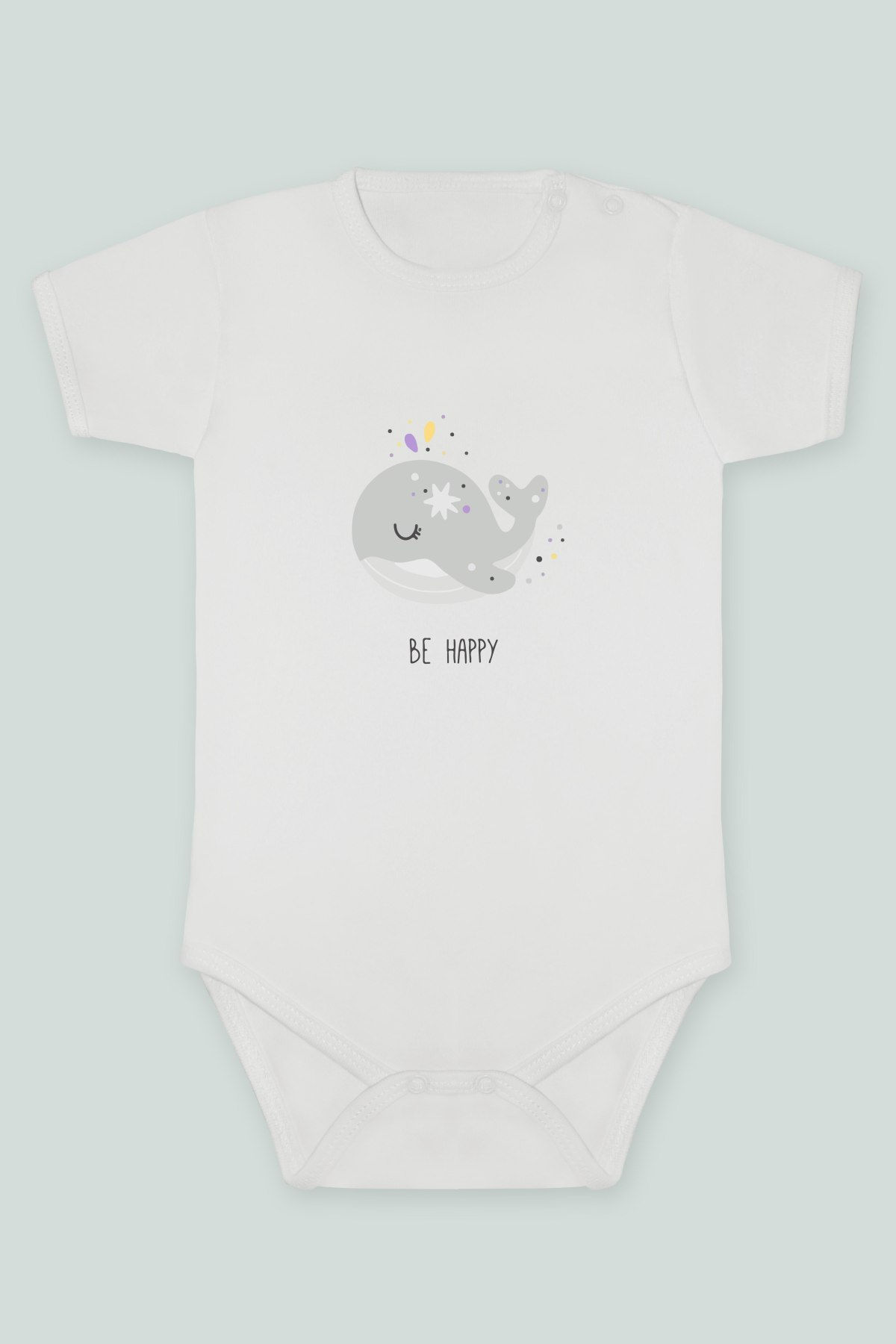 Be Happy Yazılı Sevimli Balina Baskılı Kısa kollu Body Zıbın Badi