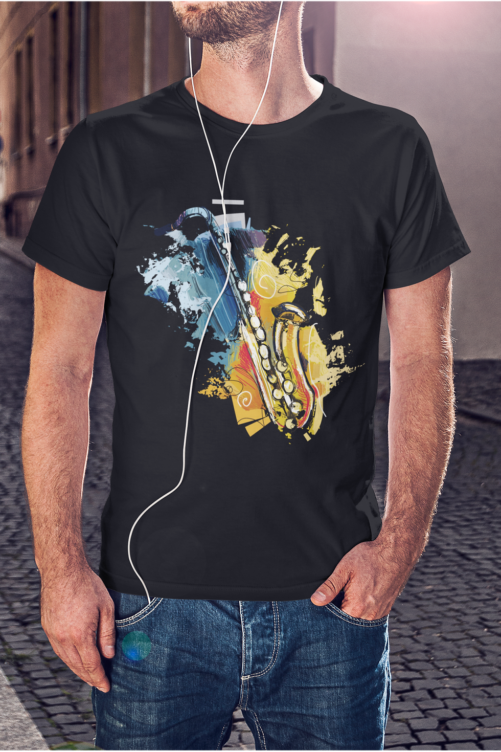 Küçük resim: Saksafon Enstrüman Renkli Baskılı Tişört Erkek %100 Pamuk