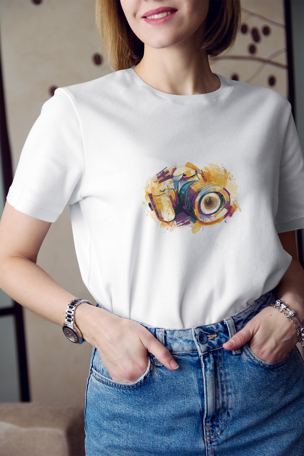 Küçük resim: Renkli Fotoğraf Makinesi Baskılı Tişört Kadın %100 Pamuk