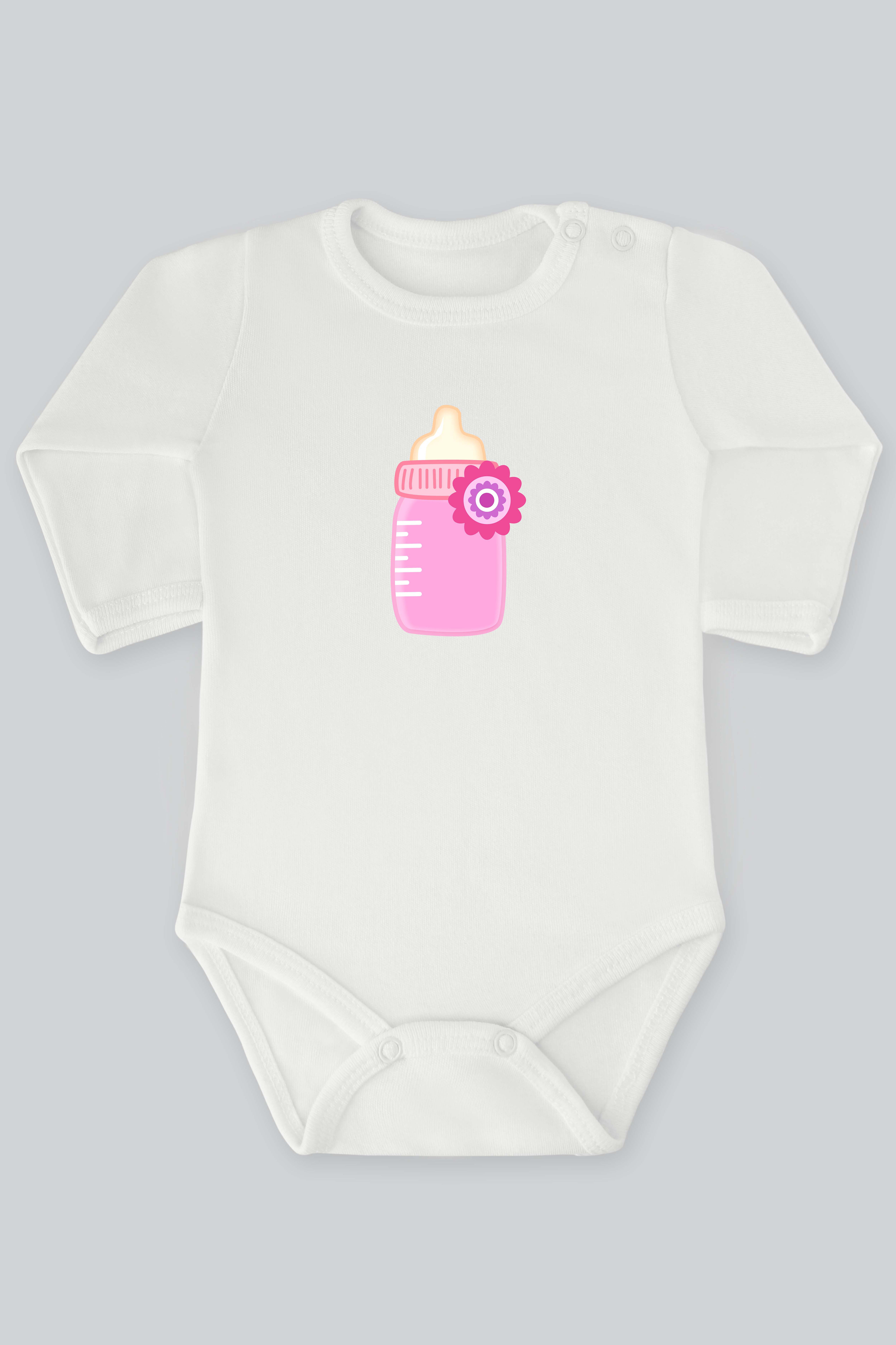 Bebek Eşyaları 1 Pembe Biberon Baskılı Bebek Çıt çıtlı Zıbın Badi %100 Pamuk