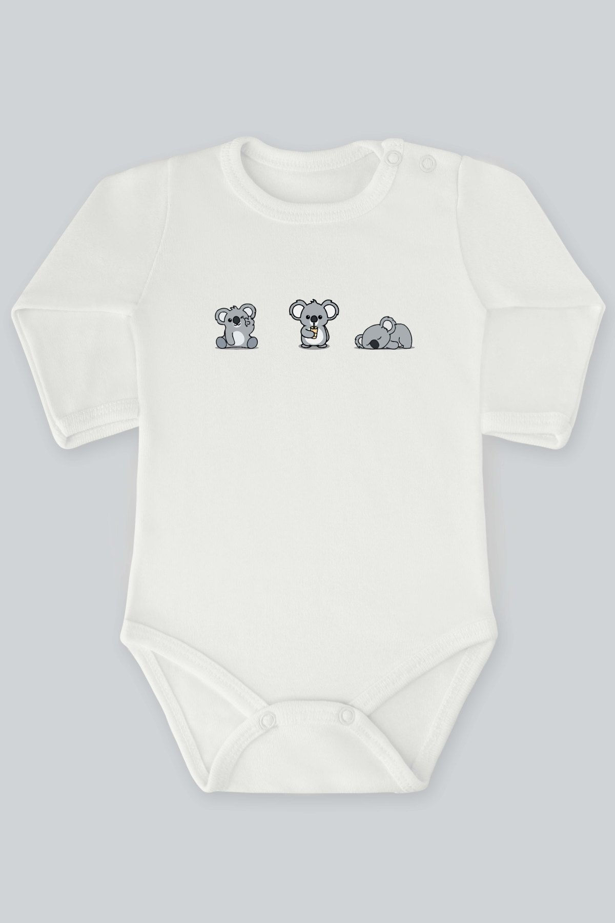 Üçlü Sevimli Koala Baskılı Uzun Kollu Bebek Body Zıbın Badi