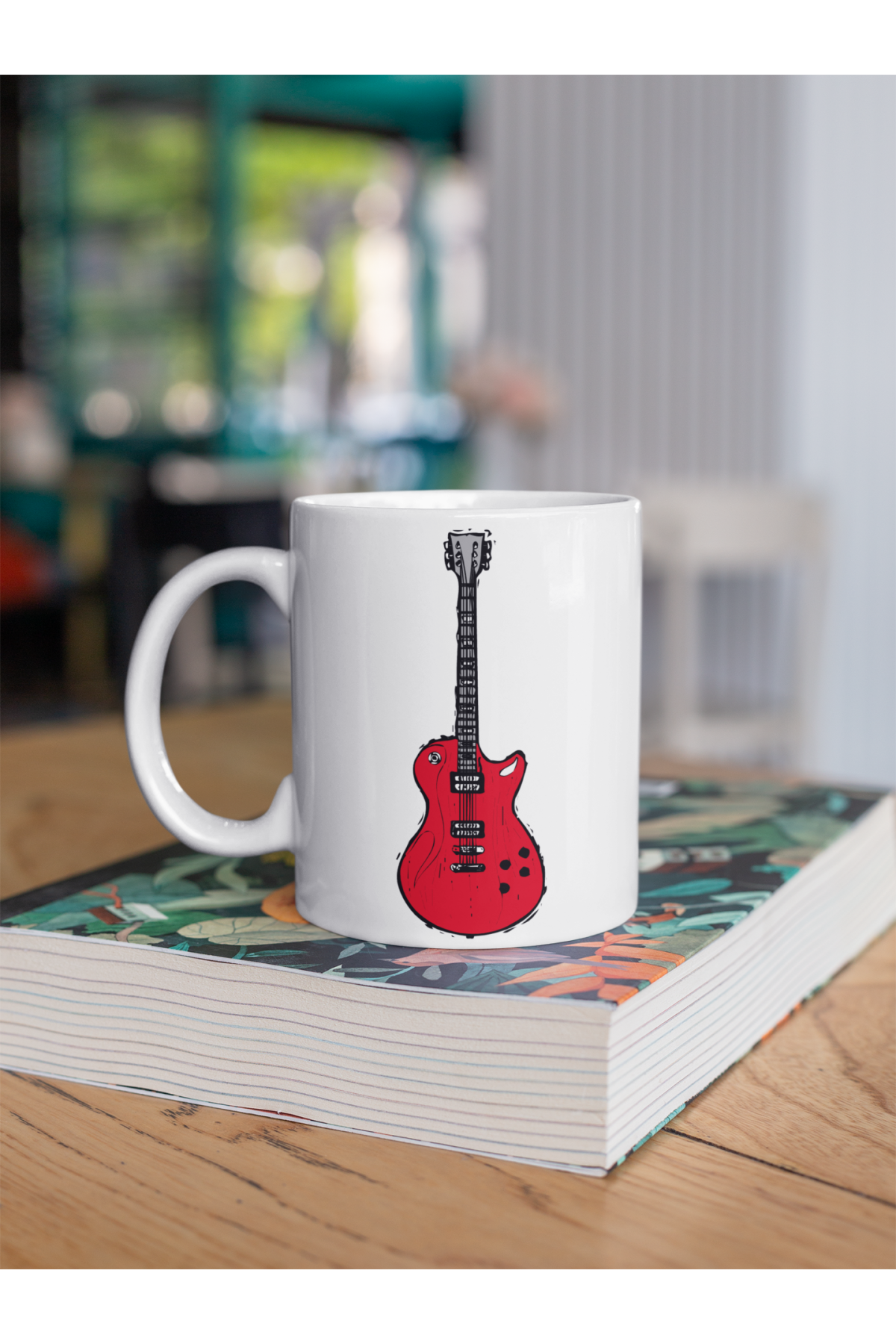 Kırmızı Elektro Gitar Enstrüman Baskılı Kupa Beyaz Porselen Mug