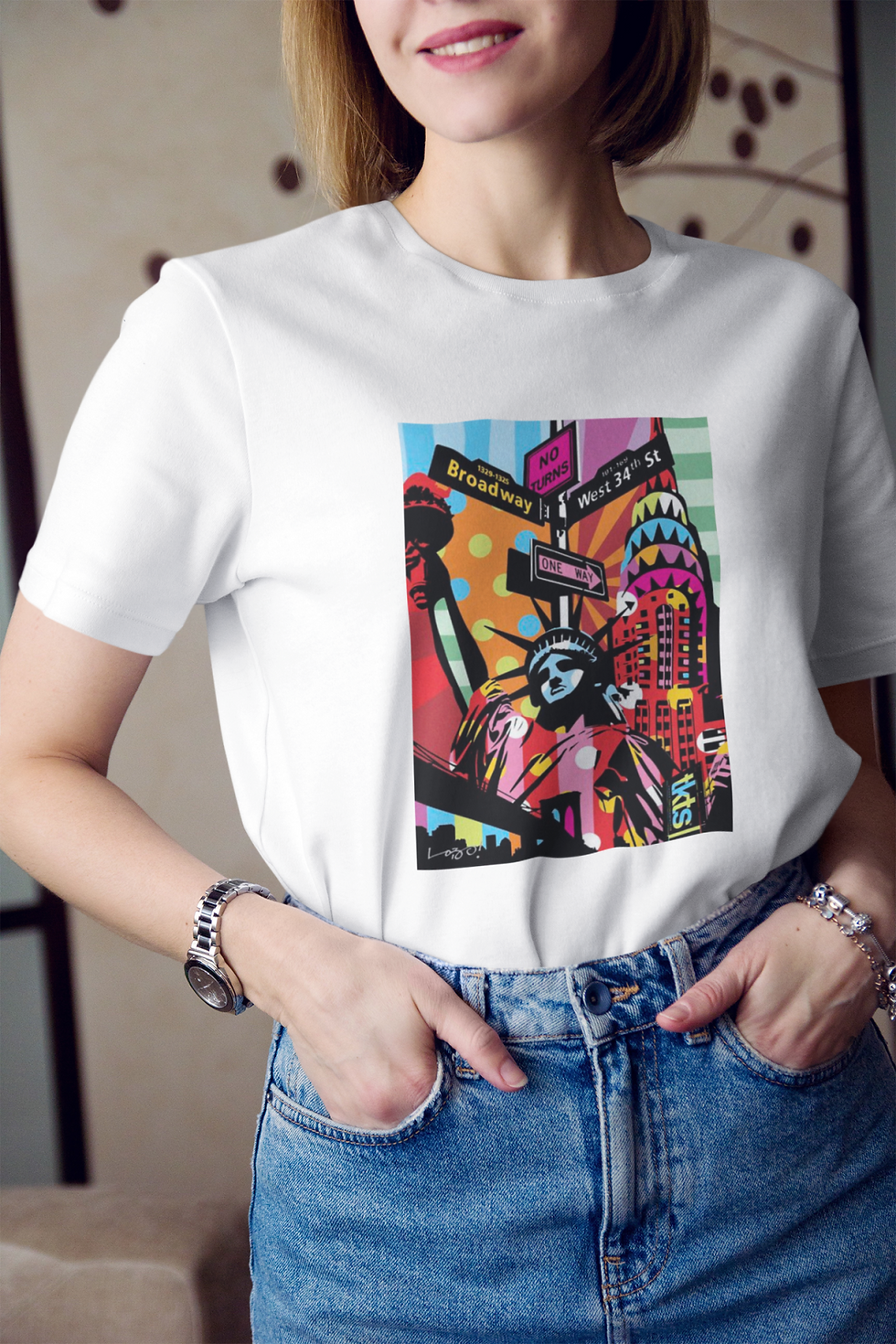 Küçük resim: Love Newyork Turistik Yerler Baskılı Tişört Kadın %100 Pamuk