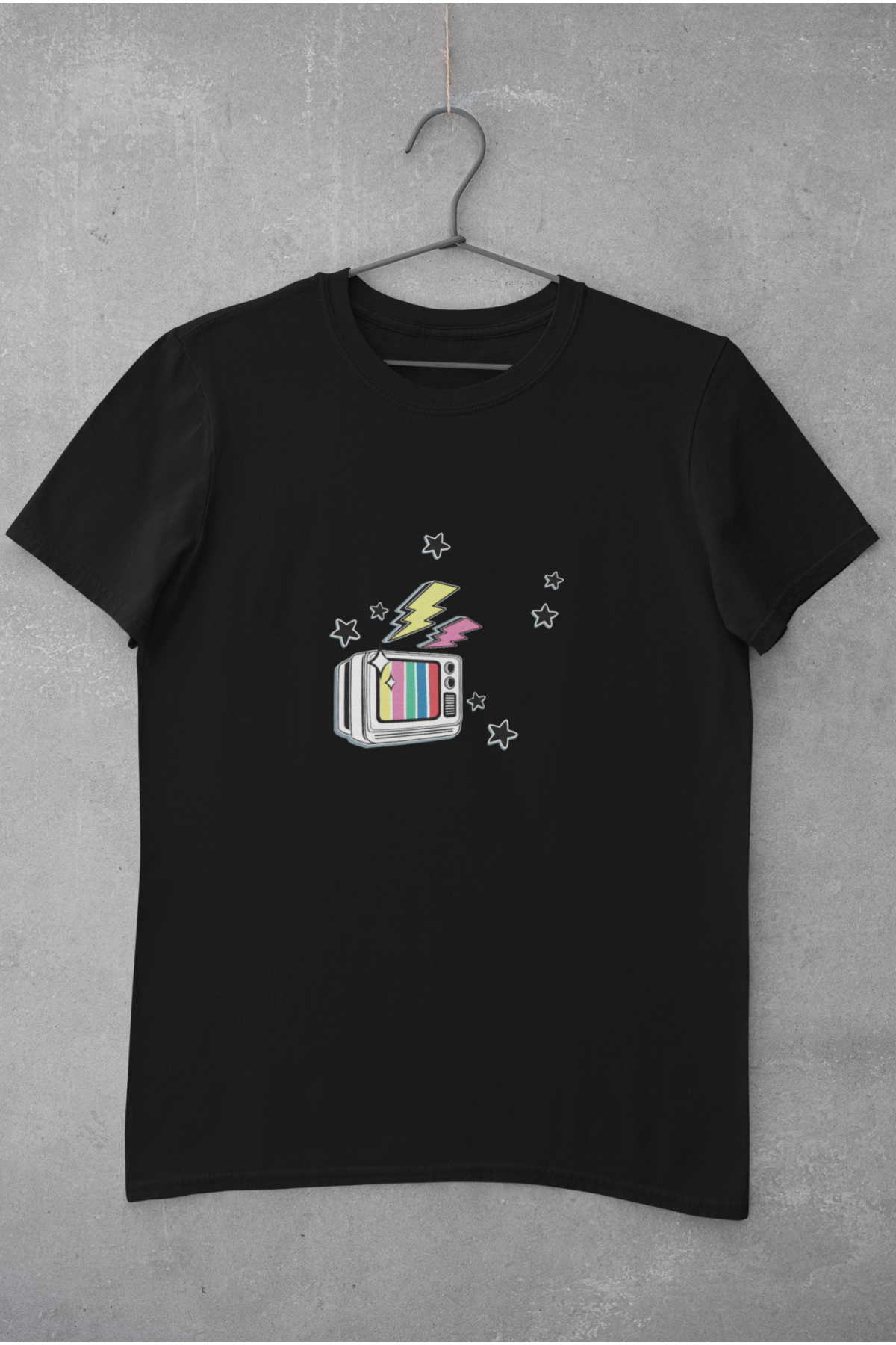 Retro Yıldızlı Renkli Televizyon Baskılı Tişört Kadın %100 Pamuk