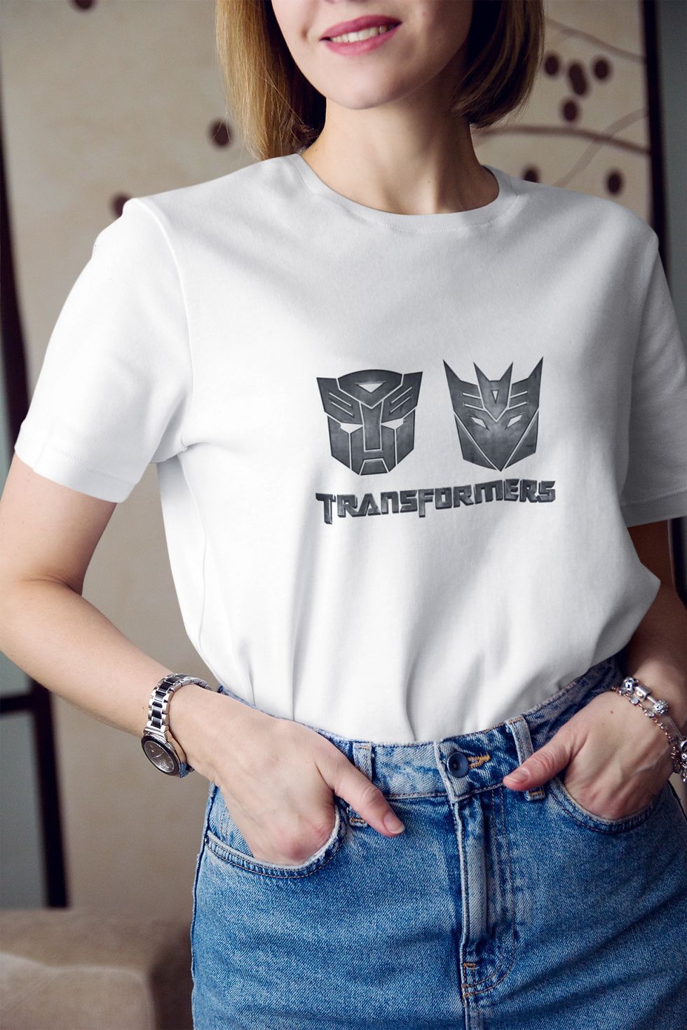 Küçük resim: Transformers Karakter Maske Baskılı Tişört Kadın %100 Pamuk