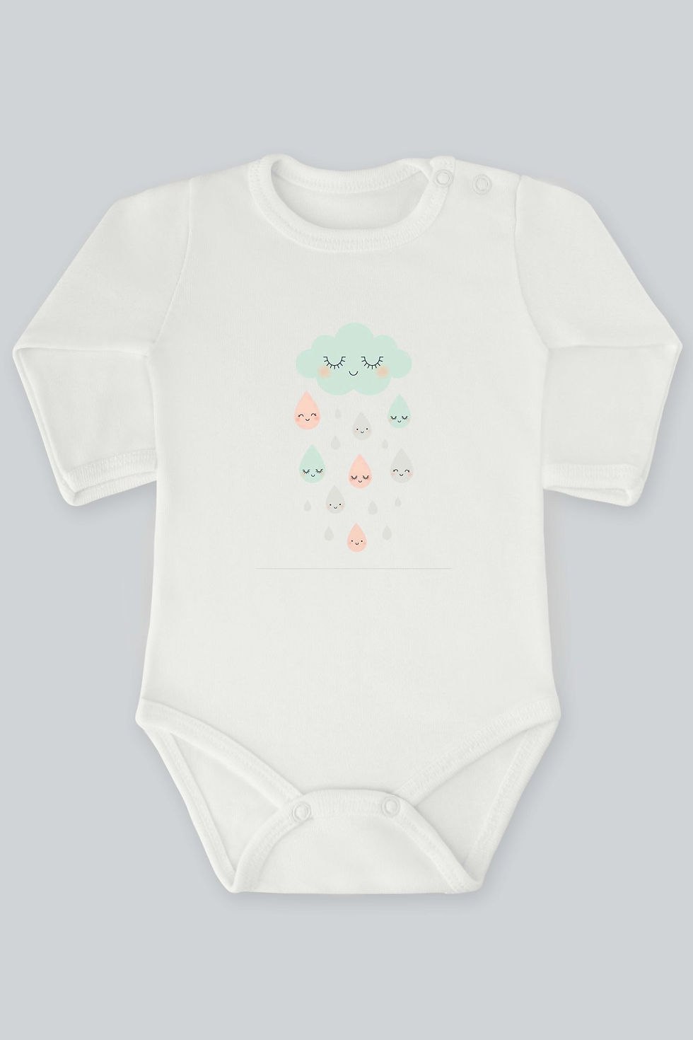 Gülümseyen Bulut Ve Yağmur Damlaları Baskılı Uzun Kollu Bebek Body Zıbın Badi