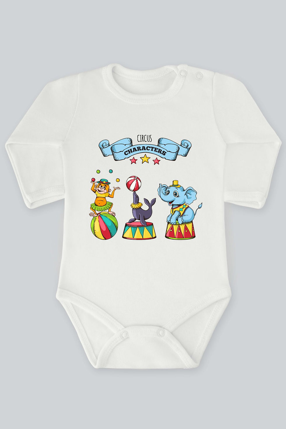 Sevimli Sirk Maymunu Ve Fil 10 Baskılı Uzun Kollu Bebek Body Zıbın Badi