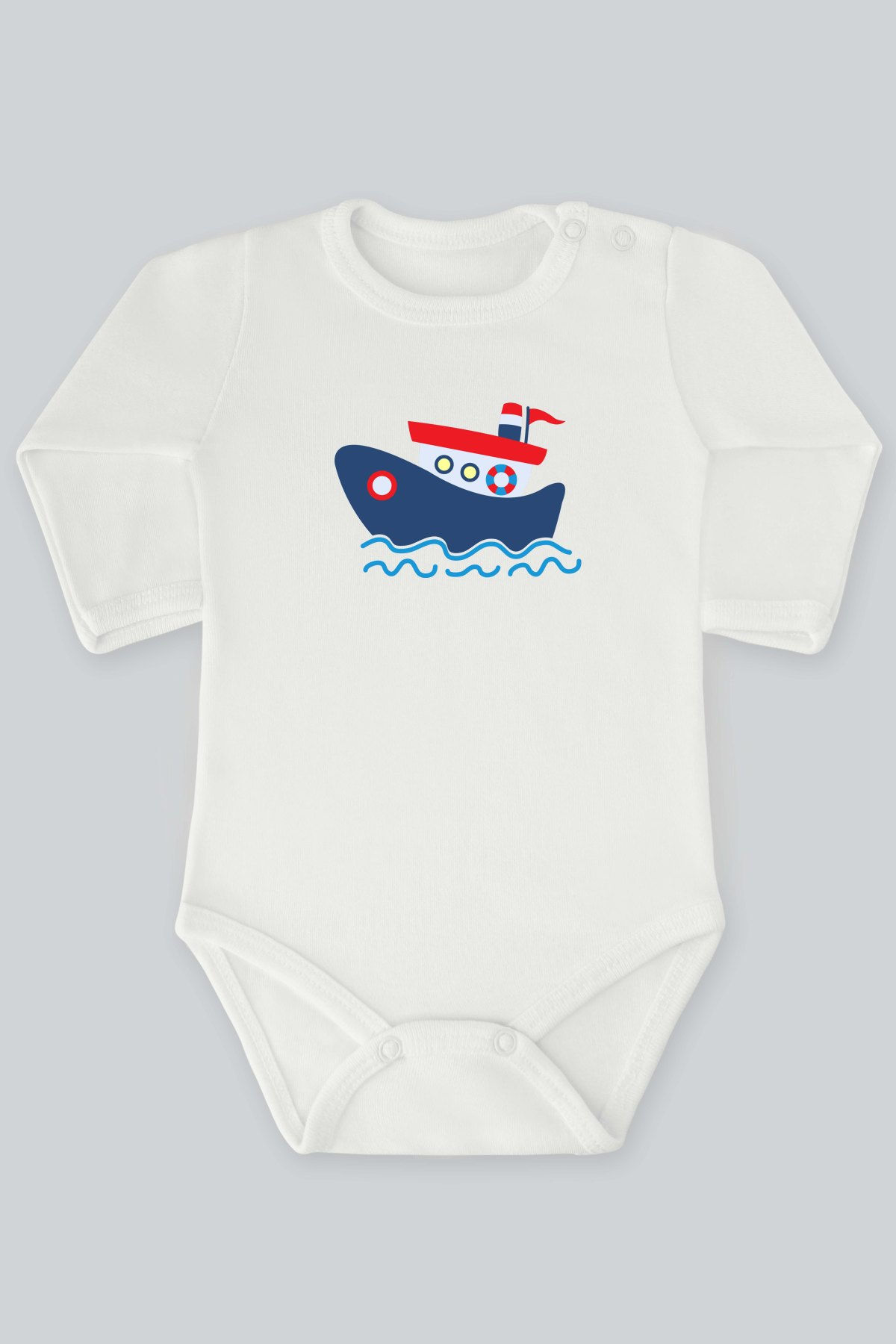 Denizci 8 Tekne Deniz Baskılı Uzun Kollu Bebek Body Zıbın Badi