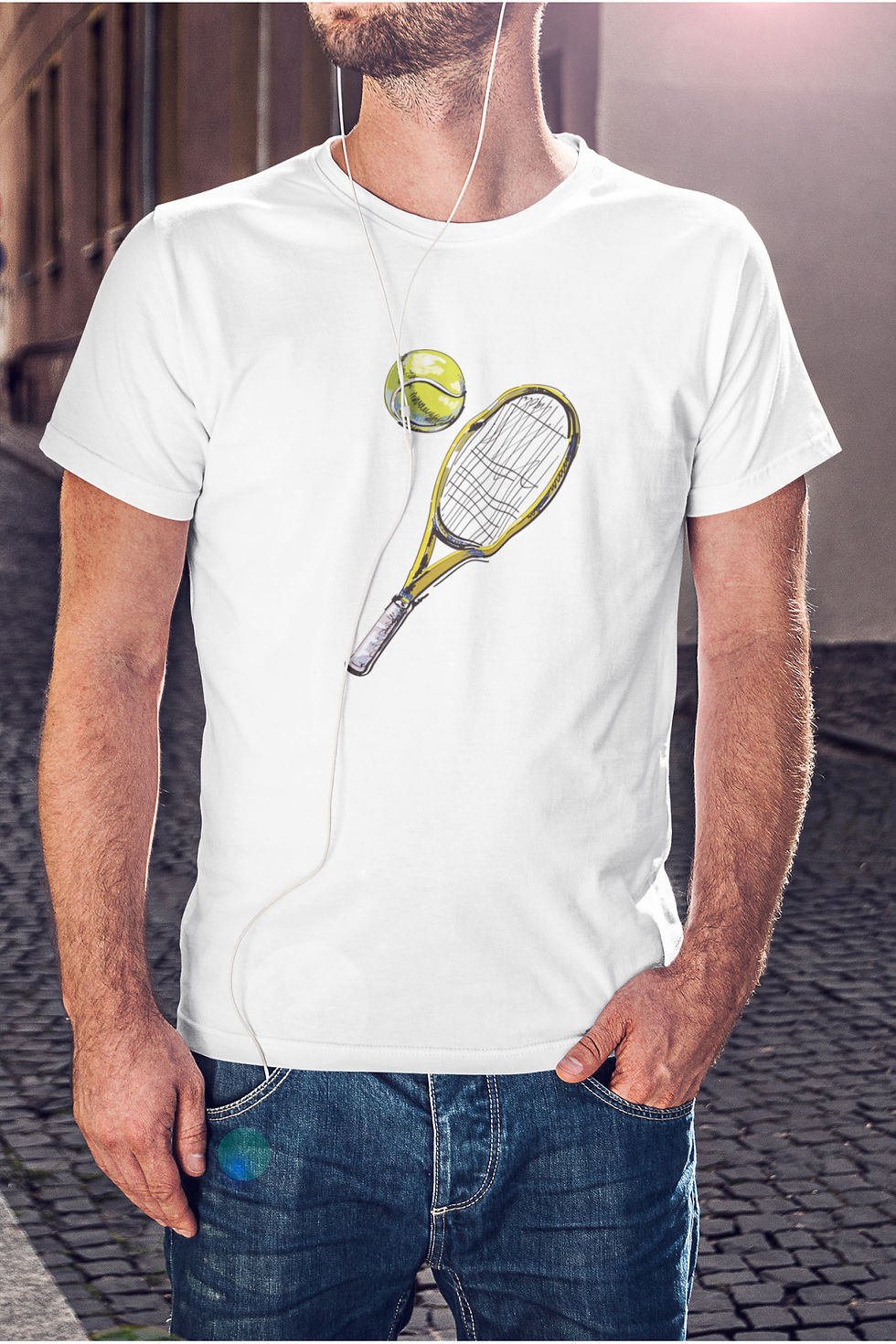 Küçük resim: Tenis Serisi 2 Raket ve Top Baskılı Tişört Erkek %100 Pamuk
