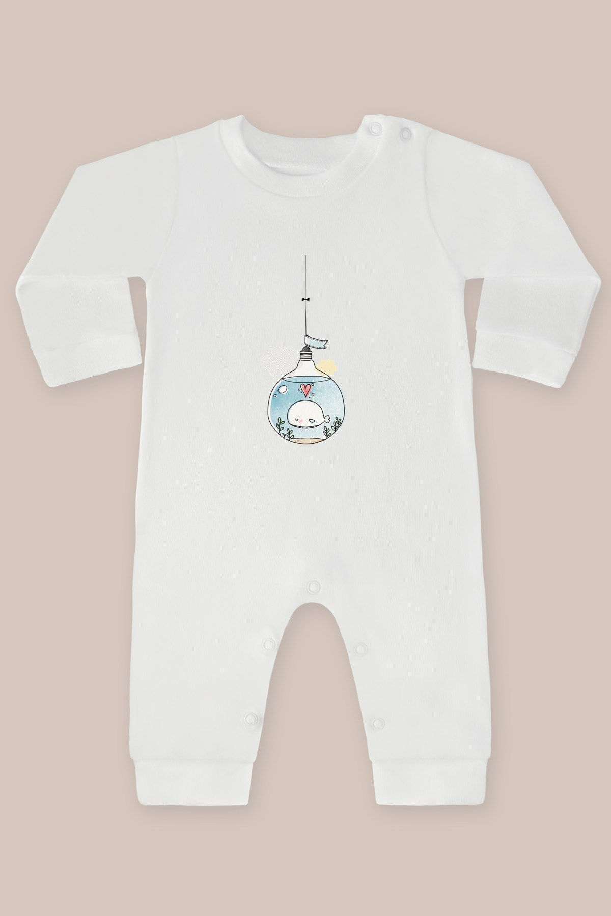 Ampul İçinde Balina Kurukalem Boyama Baskılı Uzun Kollu Tulum