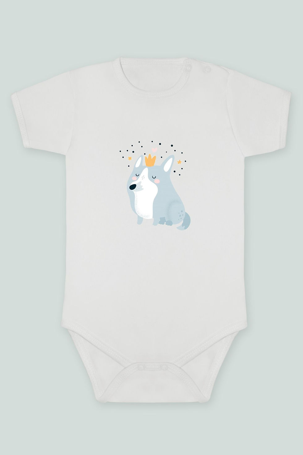 Sevimli Taçlı Mavi Köpek Karakter Baskılı Kısa kollu Body Zıbın Badi